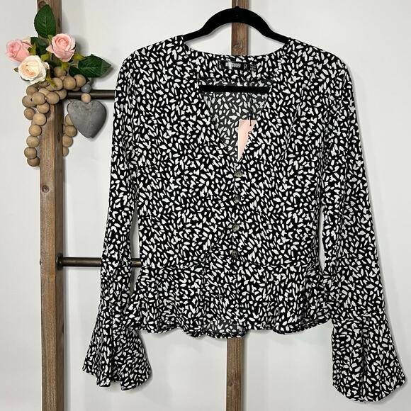 Missguided NWT‎ Long Sleeve Peplum Black White Blouse Size 10 - Picture 3 of 9